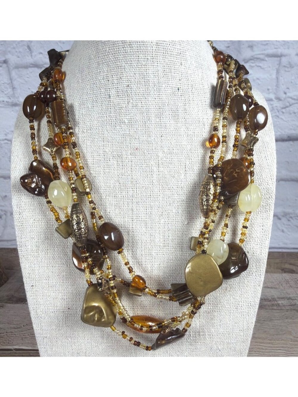 Multi Strand Beaded Statement Necklace Earth Tone Chunky Boho Layered Collar - Picture 1 of 10